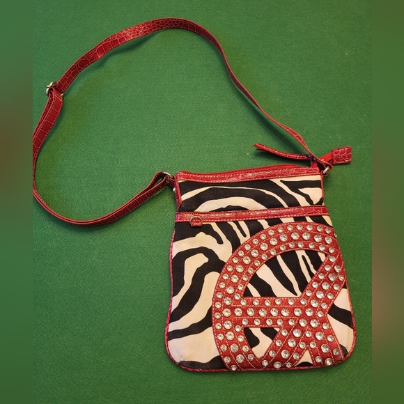 Vintage Red Peace Purse Black and White Stripes with  Rhinestone Peace S… - Picture 2 of 7